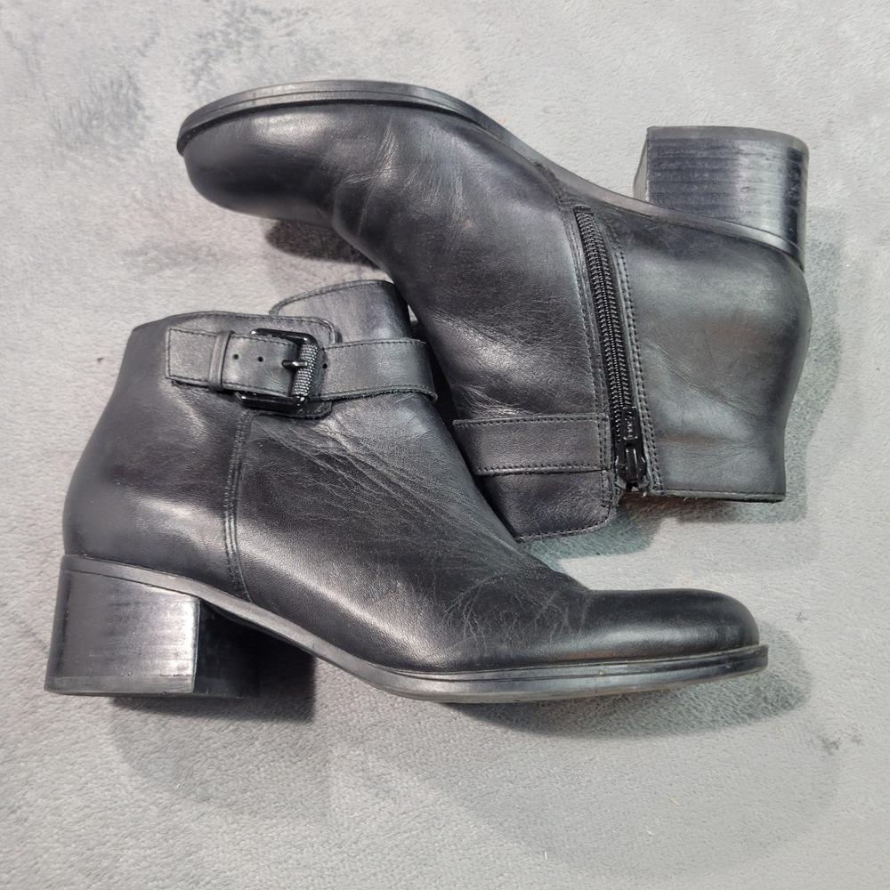Naturalizer Ankle Boot Women 6.5 Black Dora Leather Block Heel Buckle Zip Bootie